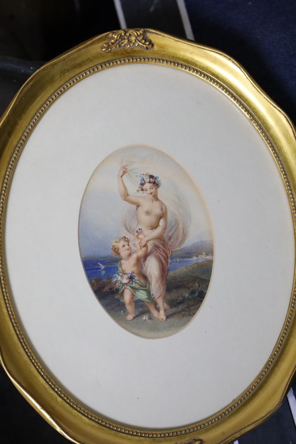 Edmund Thomas Parris (1793-1873), watercolour, Allegorical study, signed, 16 x 11cm, a landscape by W. Newall Johnson, four watercolour